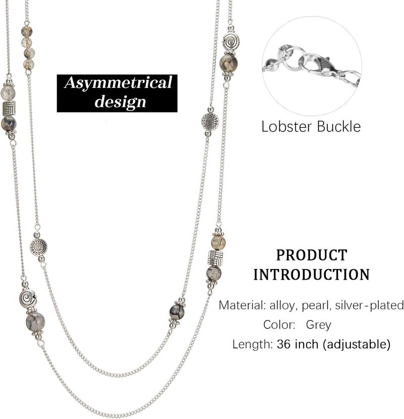 BULINLIN Layered Silver Long Necklace for Women Turquoise Stone Beaded Strand Sweater Chain Necklaces Fashion Costume Jewelry Gifts for Mom - Image 3